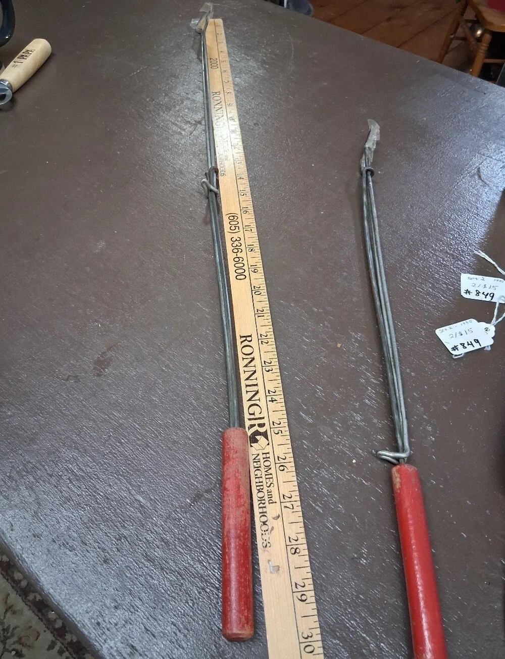 Pair of 2 Vintage metal Red Adjustable Hot Dog Skewer Fork Campfire Wood Handles